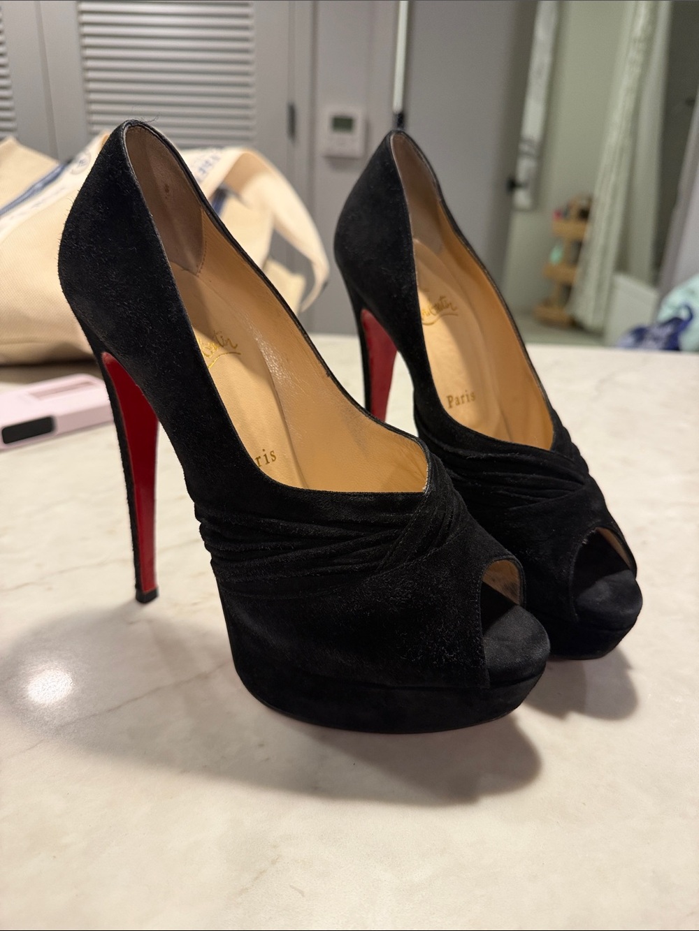 Christian Louboutin Black Suede Ruched Detail Drapadita Peep Toe Pumps Size 38